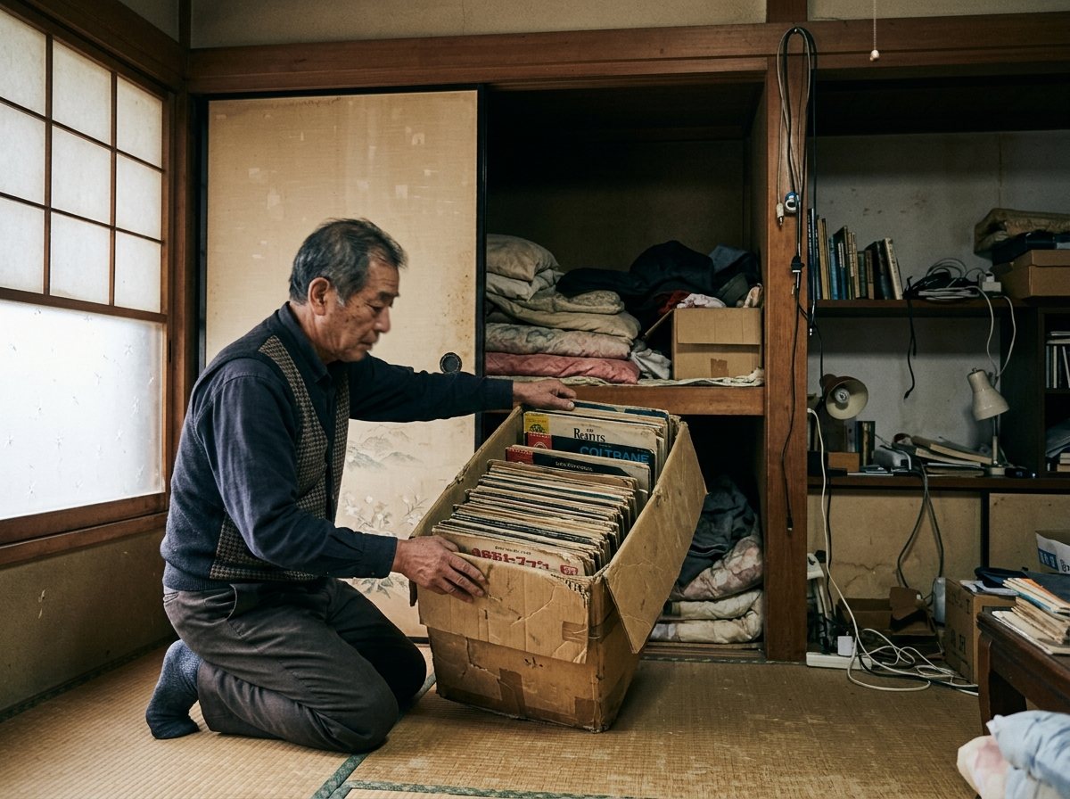 実家の押し入れからレコードの入った段ボールを出しているところ