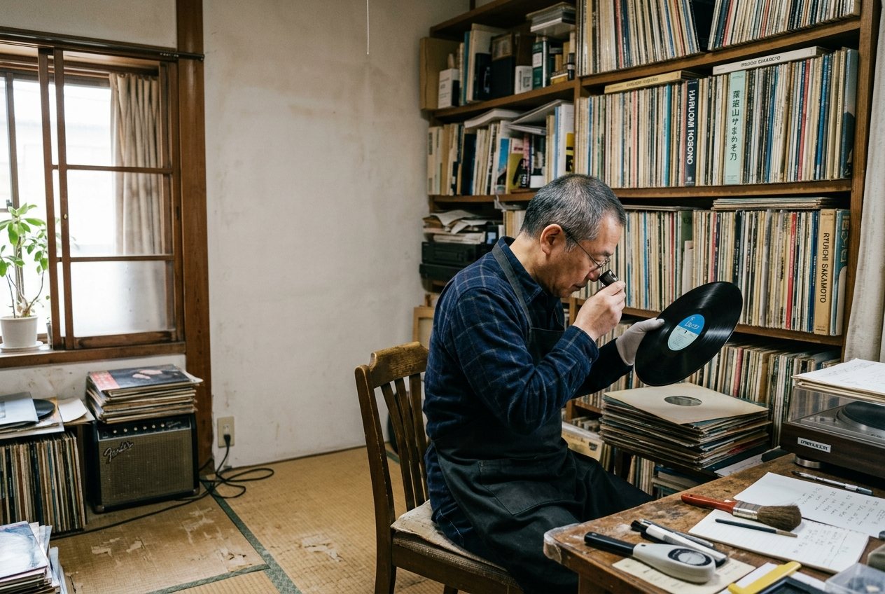 ターンテーブルの前でレコードジャケットを確認している様子